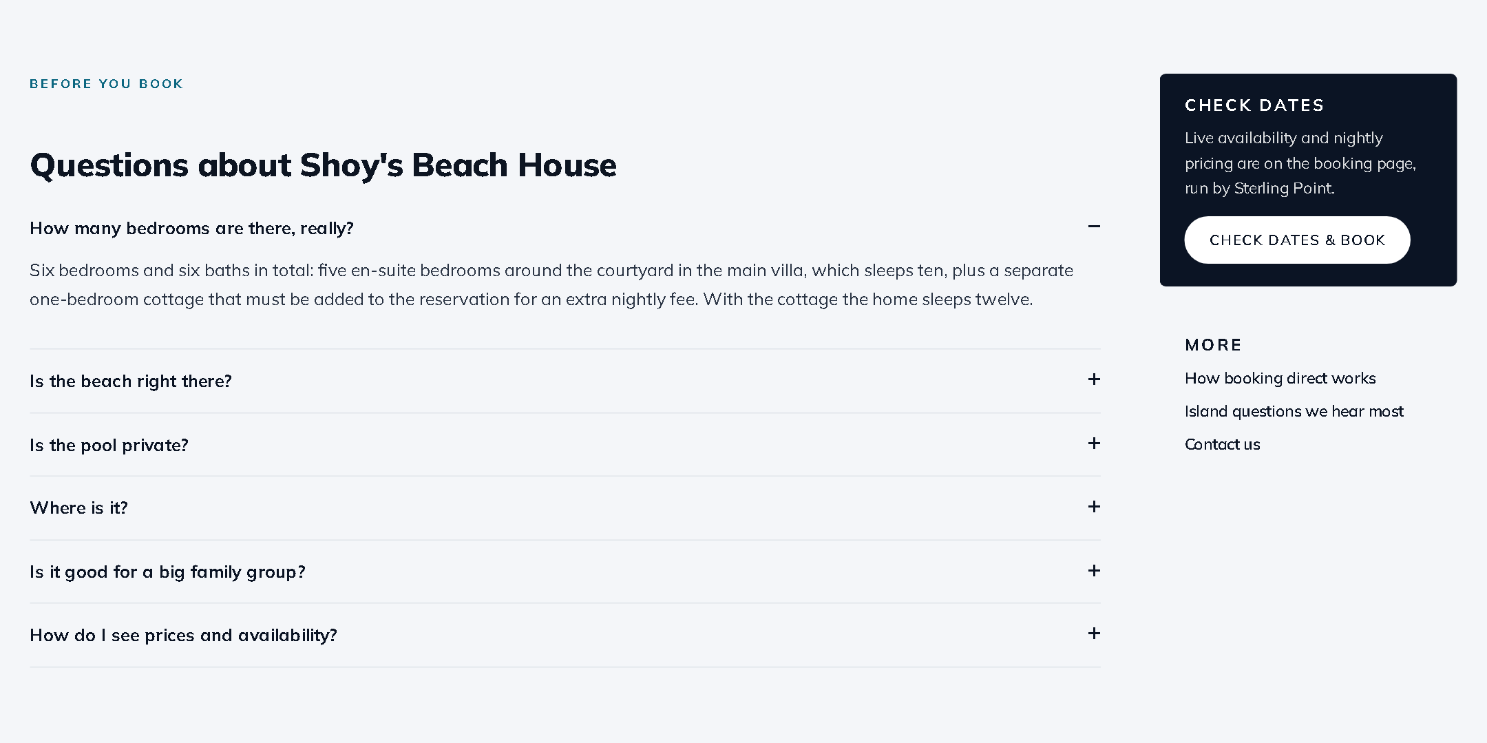 FAQ accordion on the Shoy's Beach House page